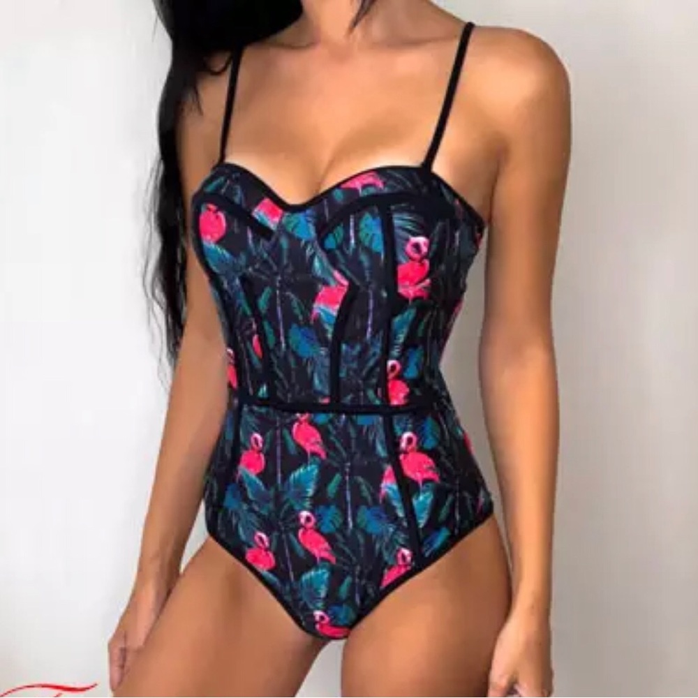 One-Piece Swimsuit Flamingo Black Women Push Up Monokini Size Large